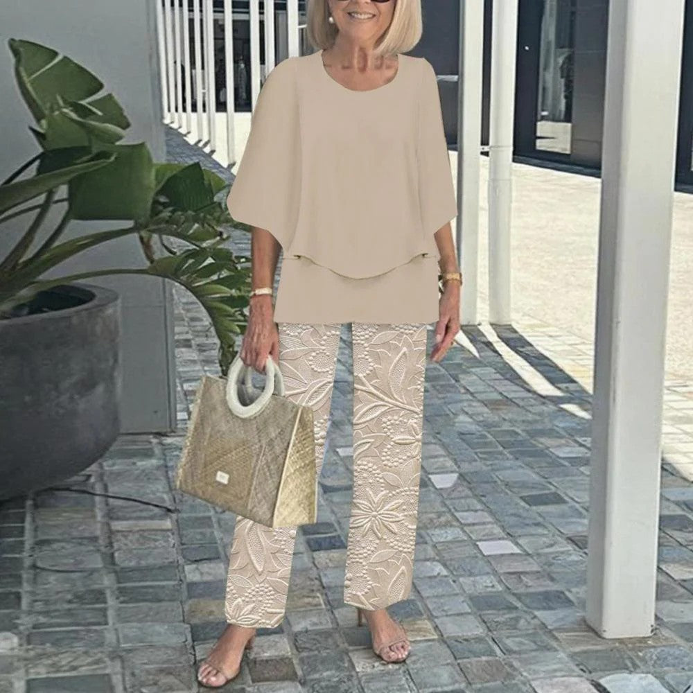 Wenda | Women's Relaxed Fit Two-Piece Set, Elastic Waist Wide-Leg Trousers Outfit