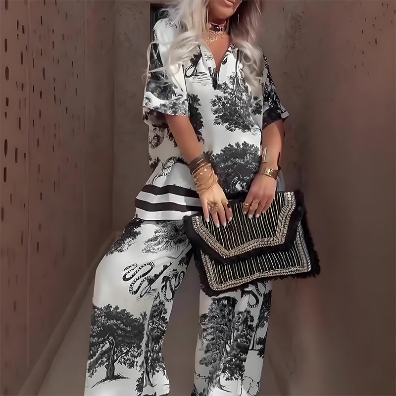 Linette | Women's Printed Two-Piece Set, V-Neck Top and Elastic Waist Long Pants