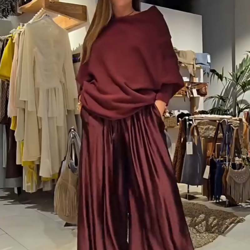 Georgina | Women's Off-Shoulder Two-Piece Set, Bardot Blouse and Wide-Leg Pants