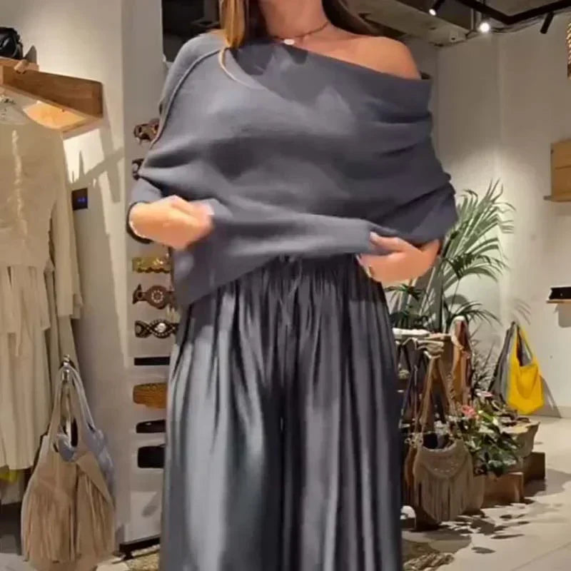 Georgina | Women's Off-Shoulder Two-Piece Set, Bardot Blouse and Wide-Leg Pants