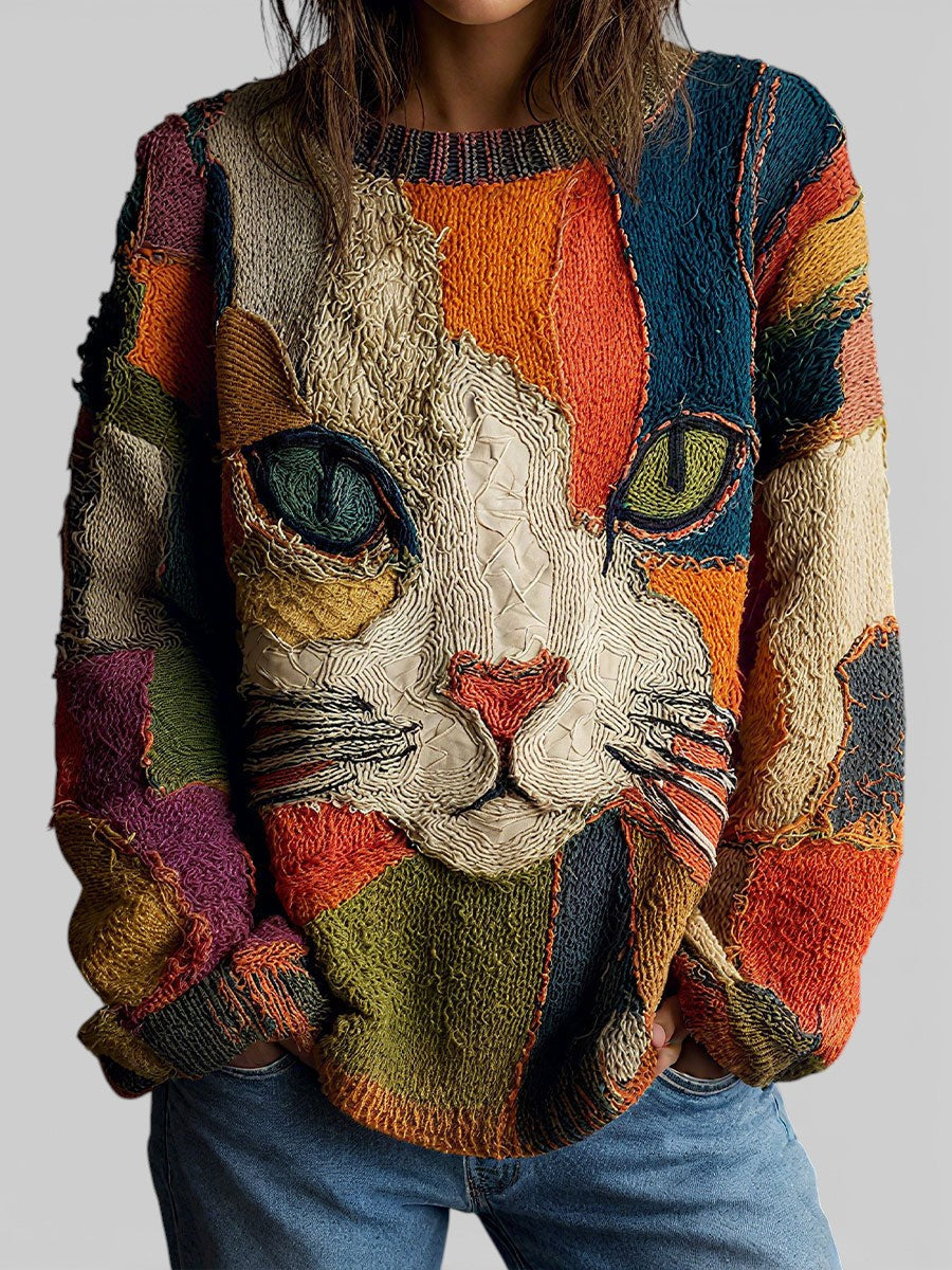 Zaira | Women's Embroidered Cat Print Crewneck Sweater, Relaxed Fit Knit Sweater
