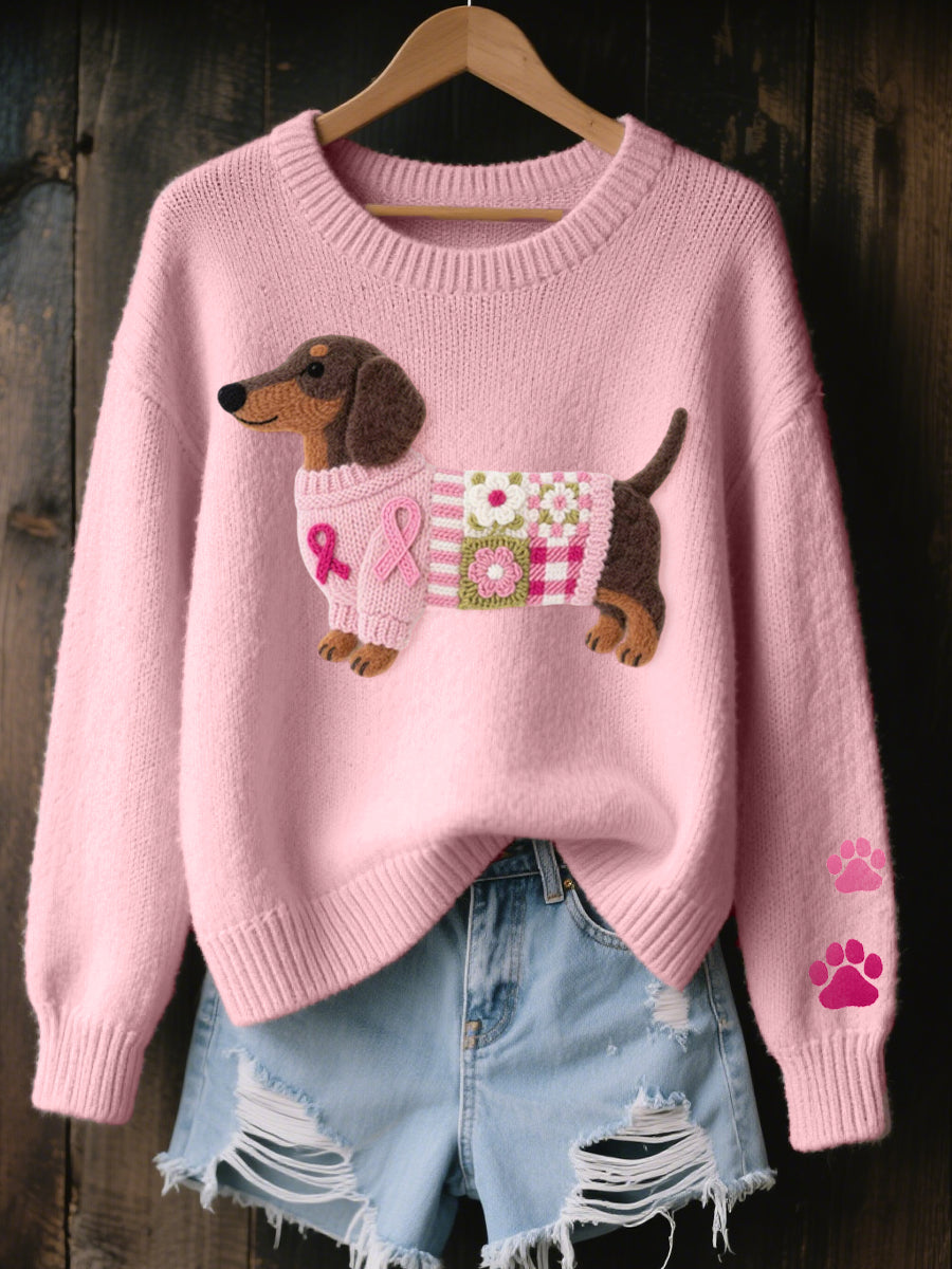 Naomi | Women's Dachshund Motif Sweater, Warm Cozy Ribbed Knit Winter Sweater