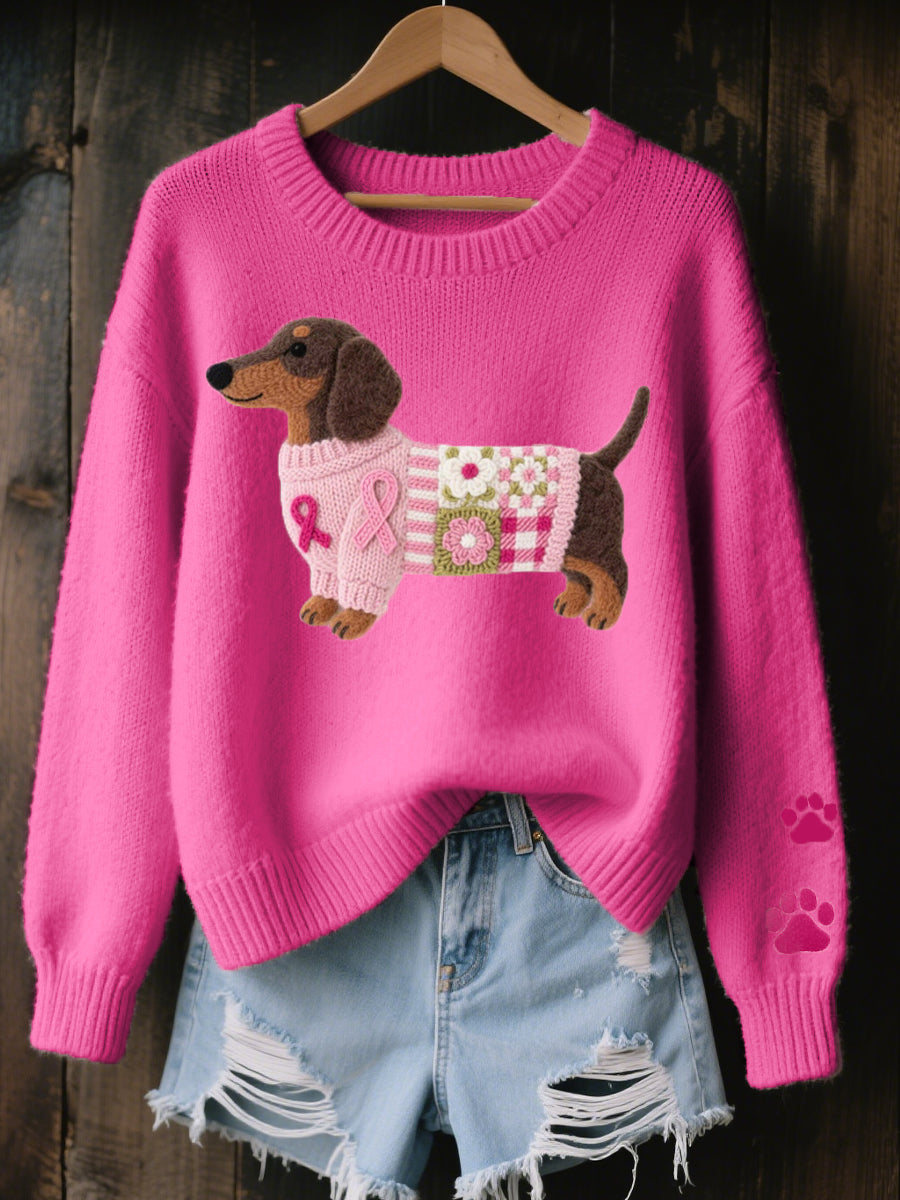 Naomi | Women's Dachshund Motif Sweater, Warm Cozy Ribbed Knit Winter Sweater