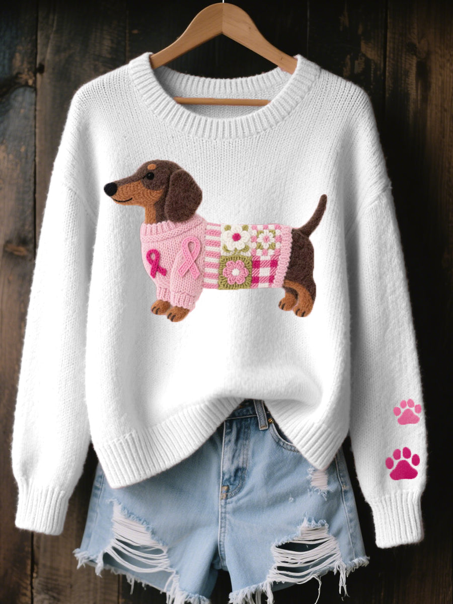 Naomi | Women's Dachshund Motif Sweater, Warm Cozy Ribbed Knit Winter Sweater