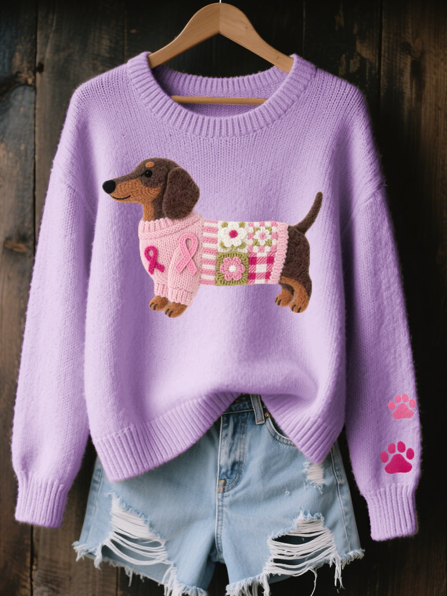 Naomi | Women's Dachshund Motif Sweater, Warm Cozy Ribbed Knit Winter Sweater