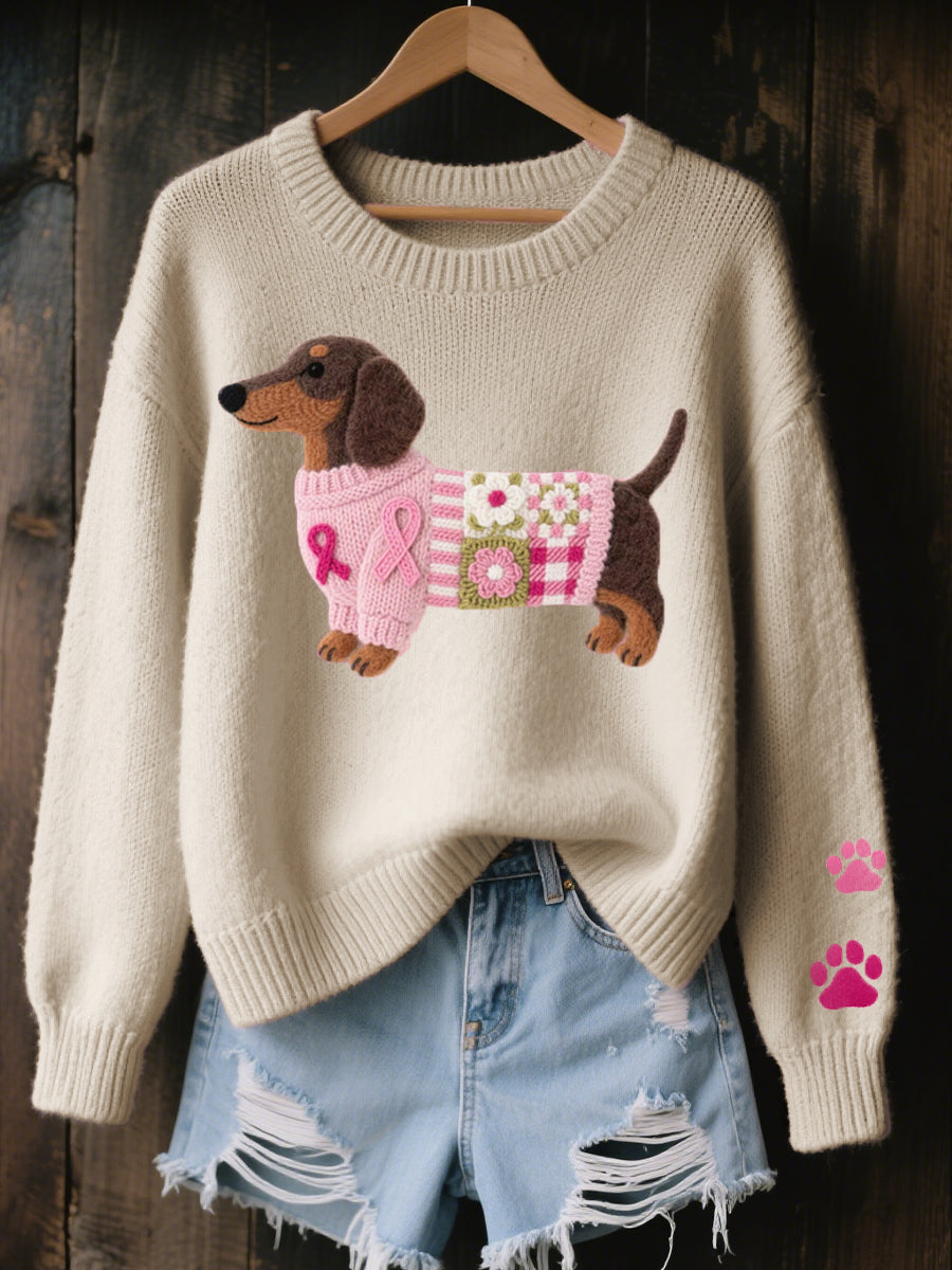 Naomi | Women's Dachshund Motif Sweater, Warm Cozy Ribbed Knit Winter Sweater
