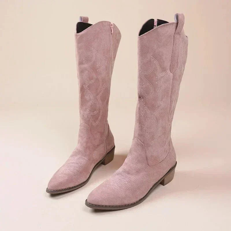 Women's Embroidered Suede Cowboy Boots, Pointed Toe Stacked Heel Western Boots