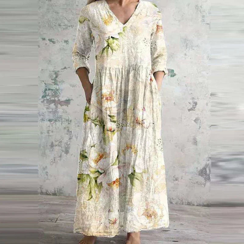 Women's Boho Floral Print Midi Dress, Flowy V-Neck Summer Dress