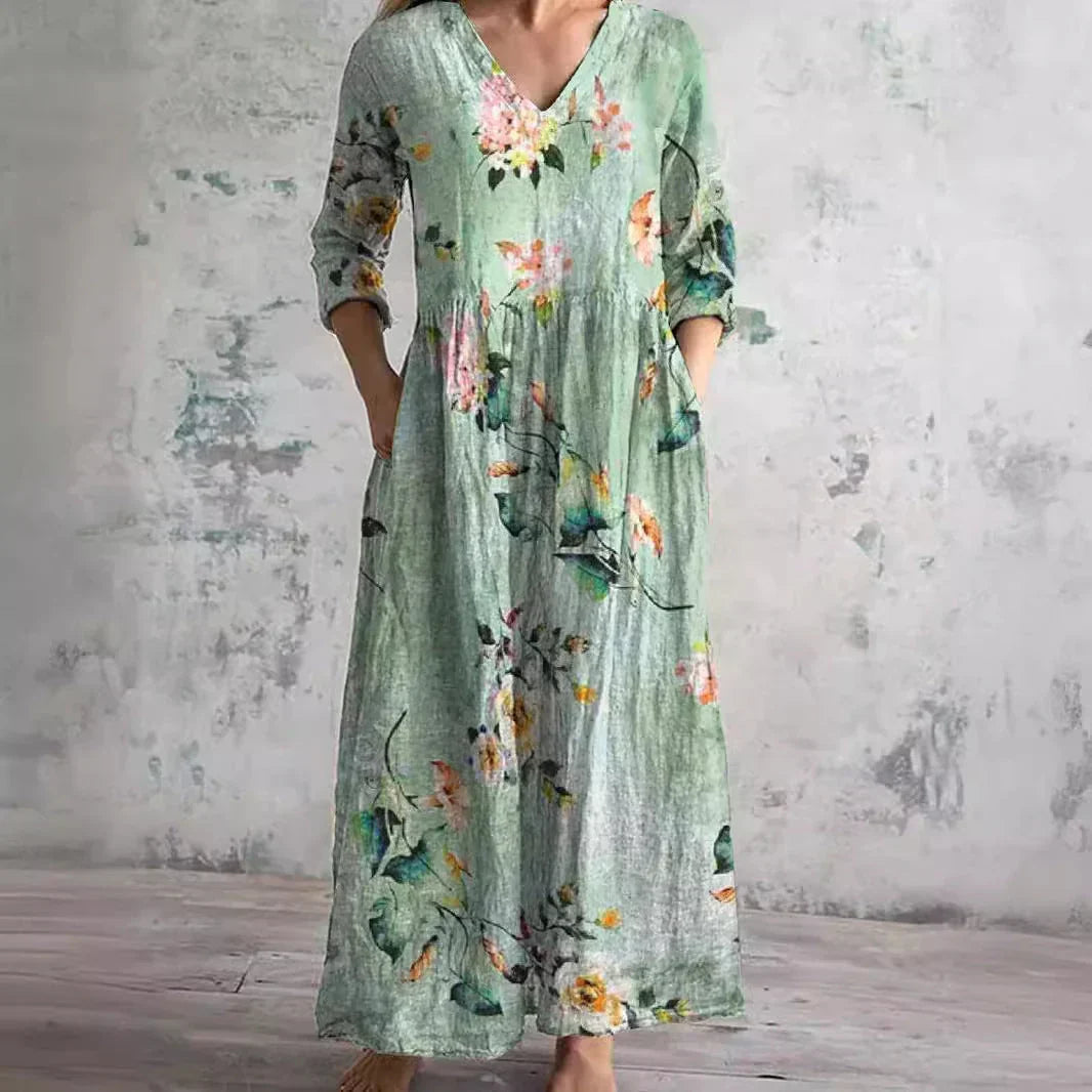 Women's Boho Floral Print Midi Dress, Flowy V-Neck Summer Dress