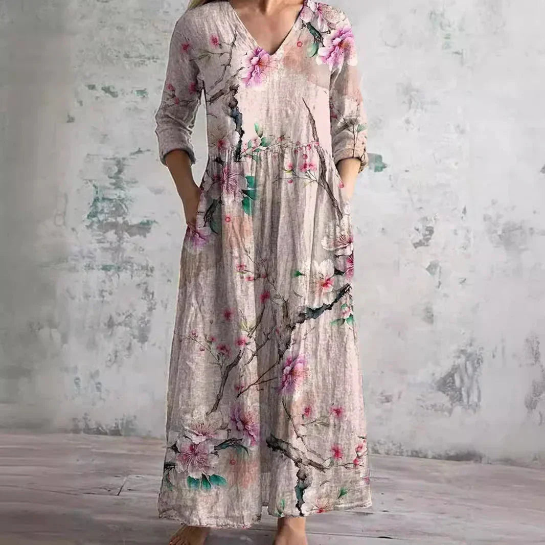 Women's Boho Floral Print Midi Dress, Flowy V-Neck Summer Dress
